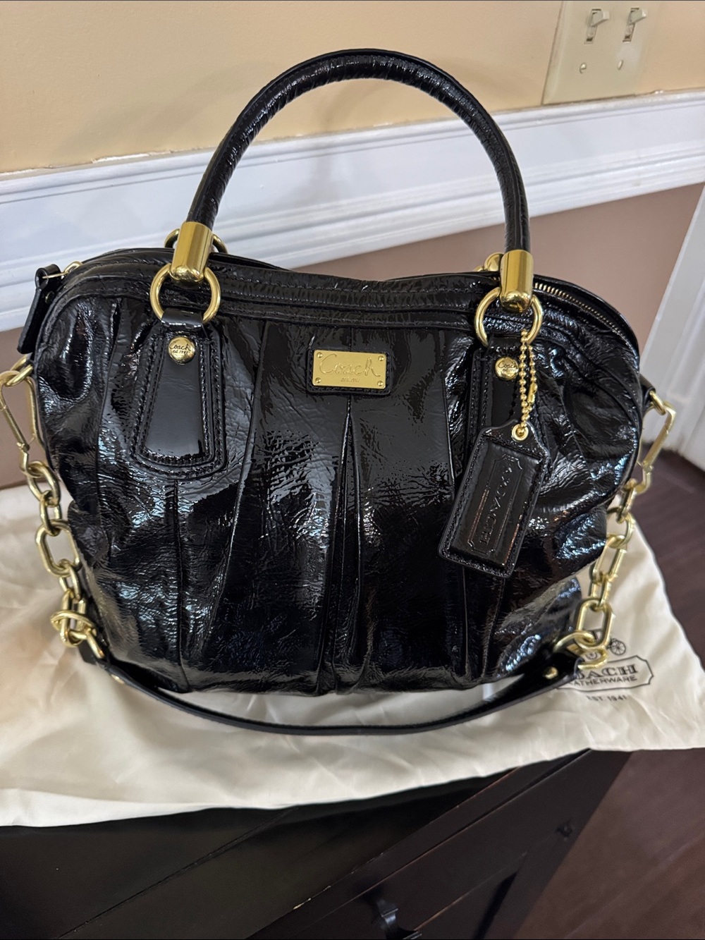 Coach Black Patent Leather Shoulder Satchel with Gold Hardware